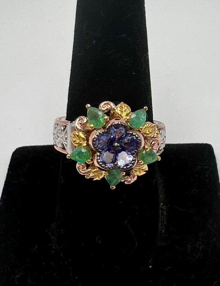 Gems by Michael Sterling Silver Tri-color Tanzanite & Chrome Diopside Flower Ring, Size 9