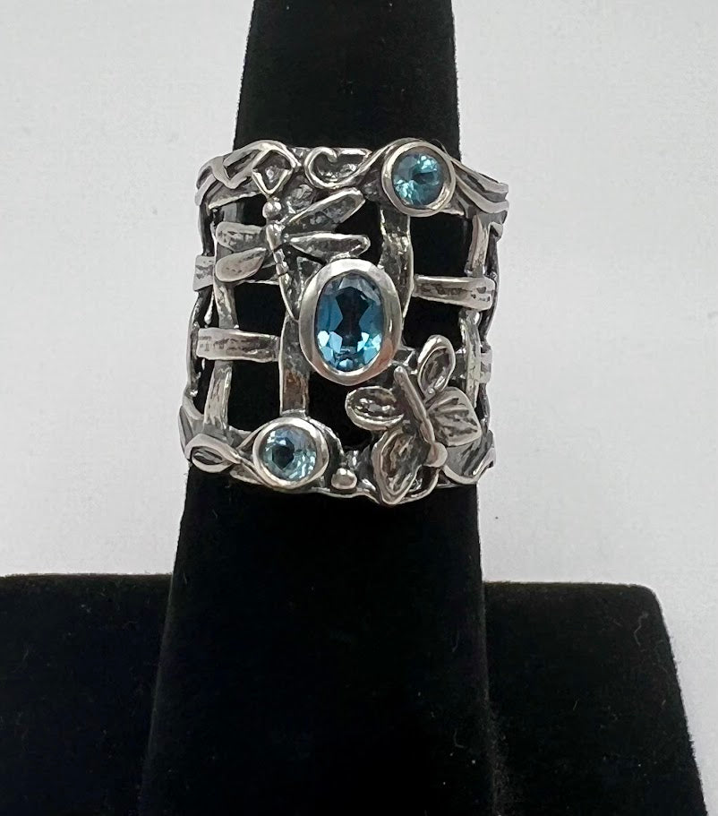 LiPaz Sterling Silver Blue Topaz Butterfly Open Basketweave Band Ring, Size 6