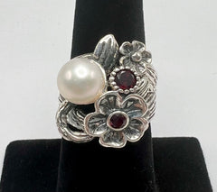 LiPaz Floral Design Sterling Silver Garnet & Pearl Ring, Size 7