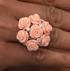 Rarities Pink Carved Coral Accented White Zircon Rose Bouquet Ring, Size 5