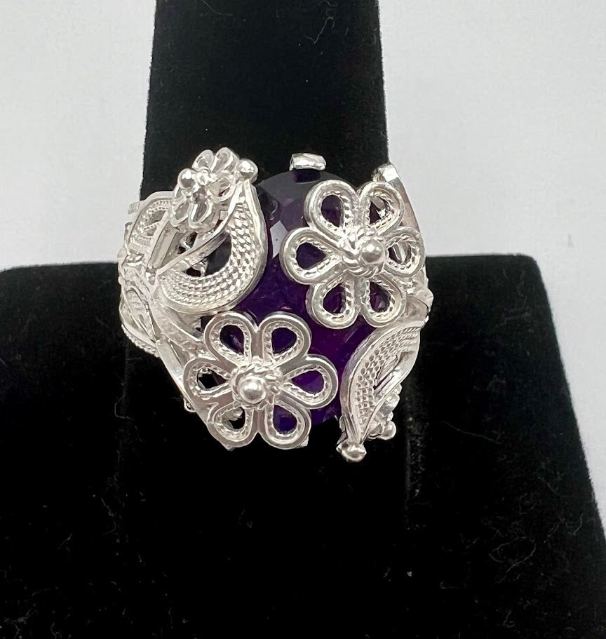 Ottoman Silver Bold Amethyst Wrapped Filigree Ring, Size 6