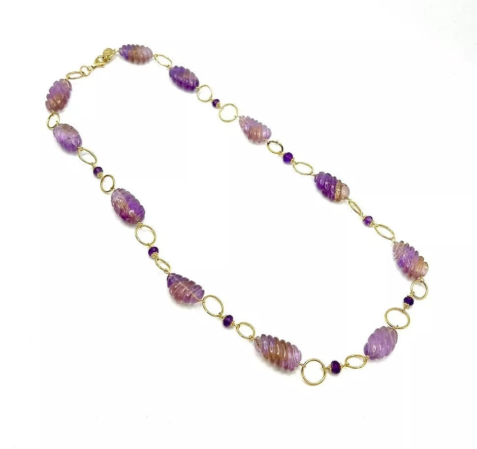 Rarities Sterling Silver Goldclad Carved Ametrine Station Necklace. 25-1/2"