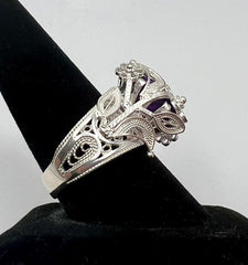 Ottoman Silver Bold Amethyst Wrapped Filigree Ring, Size 6