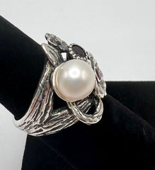 LiPaz Floral Design Sterling Silver Garnet & Pearl Ring, Size 7