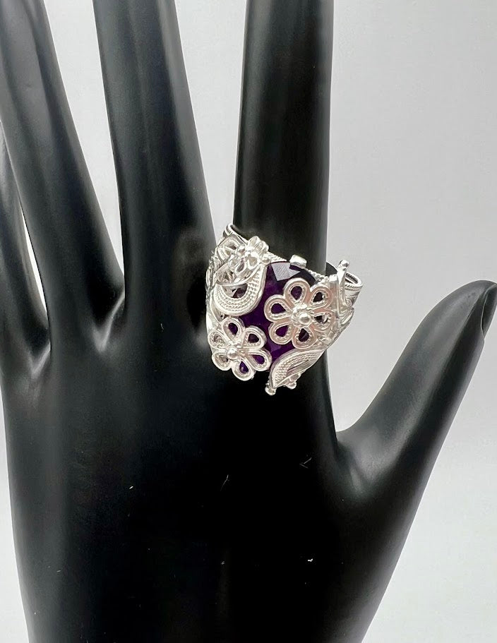 Ottoman Silver Bold Amethyst Wrapped Filigree Ring, Size 6