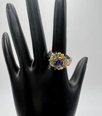 Gems by Michael Sterling Silver Tri-color Tanzanite & Chrome Diopside Flower Ring, Size 9