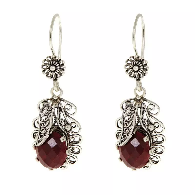 Ottoman Red Corundum Leaf Design Sterling Silver Drop Earrings