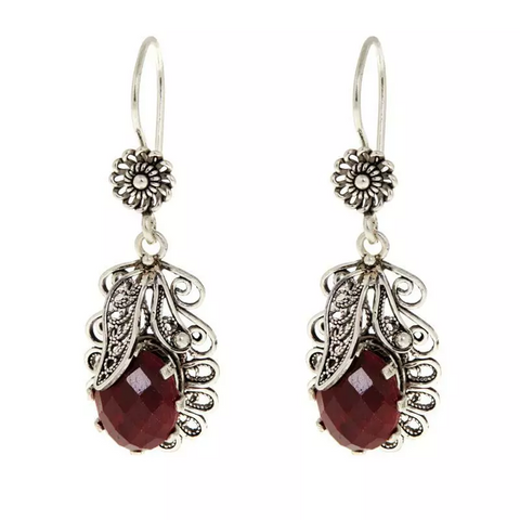 Ottoman Red Corundum Leaf Design Sterling Silver Drop Earrings