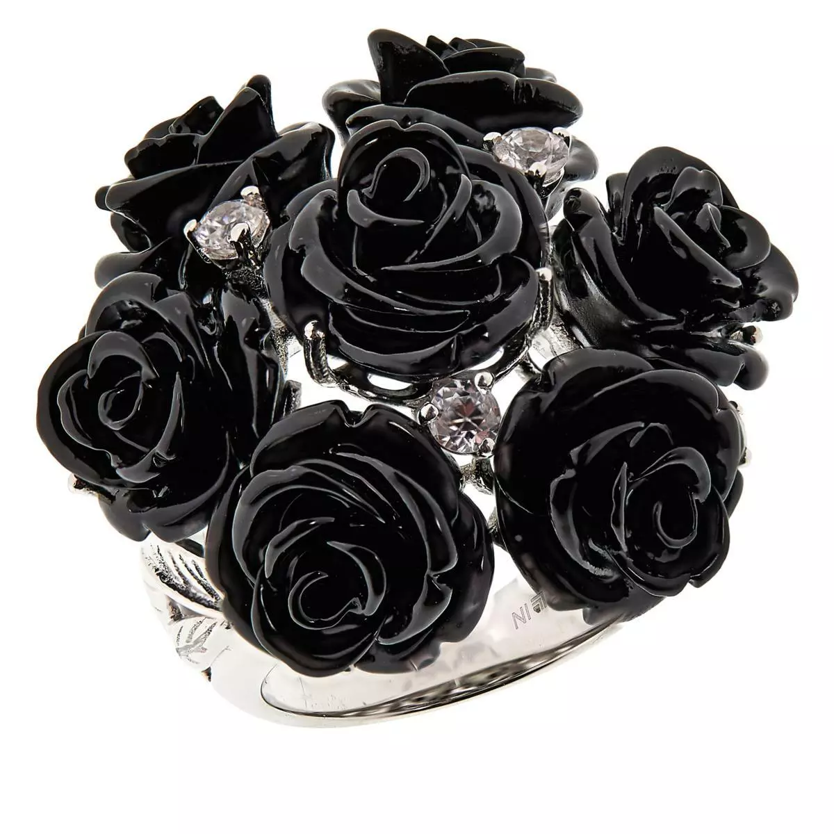 Rarities Black Carved Coral Accented White Zircon Rose Bouquet Ring Size 5