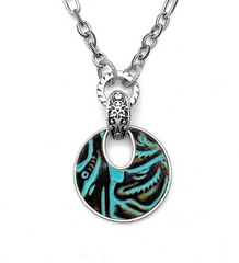 Patricia Nash Silvertone Turquoise Leather Inlay Pendant. 18"