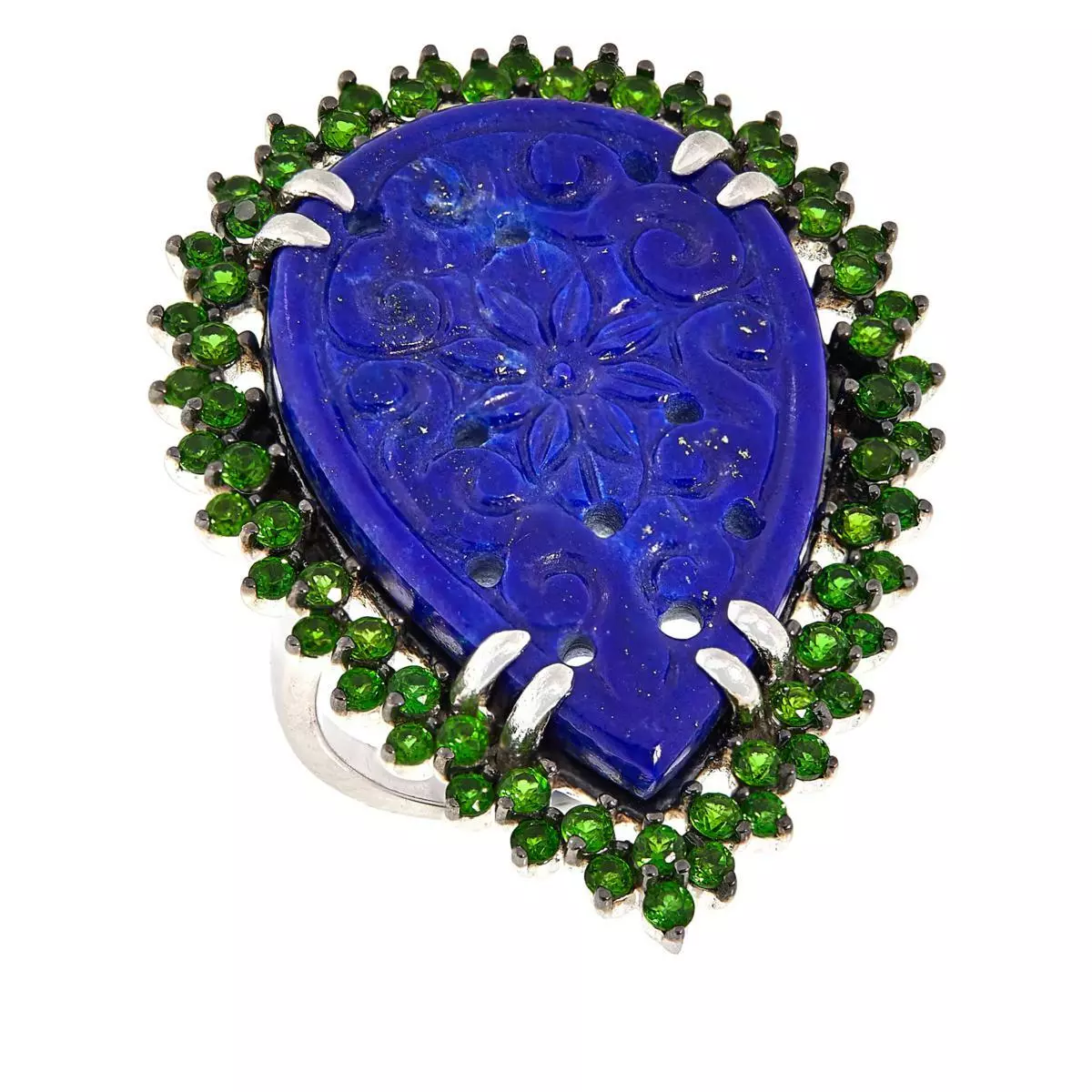 Rarities Pear-shaped Carved Lapis and Chrome Diopside Ring Size 5