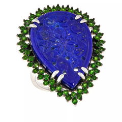 Rarities Pear-shaped Carved Lapis and Chrome Diopside Ring Size 6