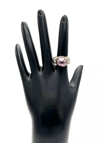 Heidi Daus Goldtone Tahitian Pearl Crystal Cocktail Ring Size 6