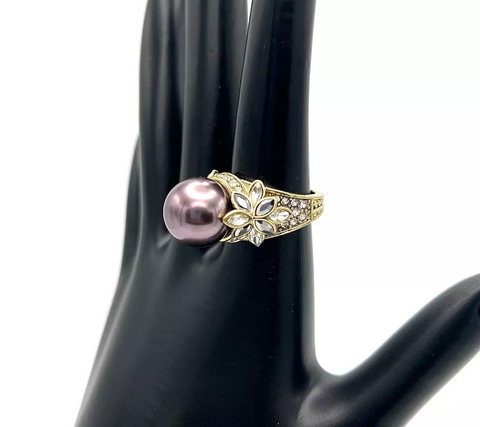 Heidi Daus Goldtone Tahitian Pearl Crystal Cocktail Ring Size 6