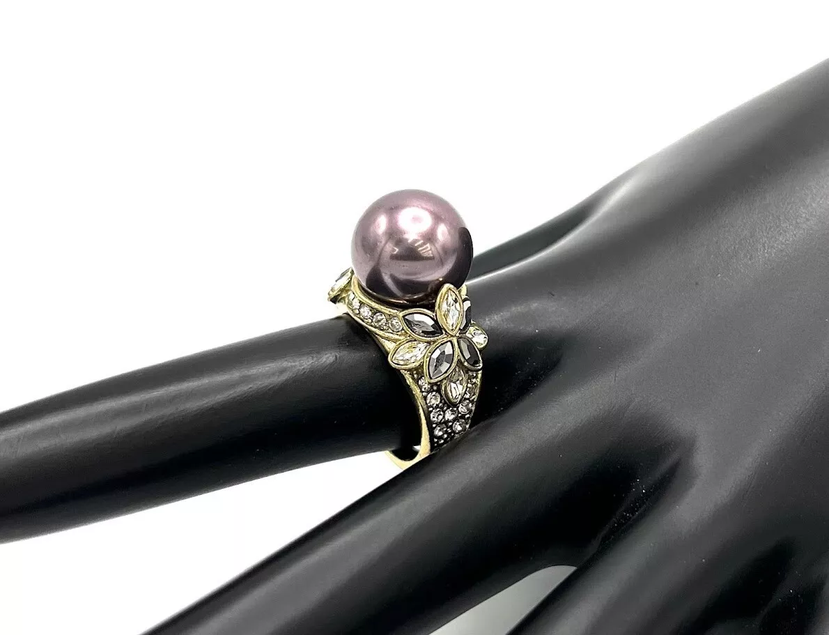 Heidi Daus Goldtone Tahitian Pearl Crystal Cocktail Ring Size 6