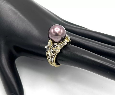 Heidi Daus Goldtone Tahitian Pearl Crystal Cocktail Ring Size 6