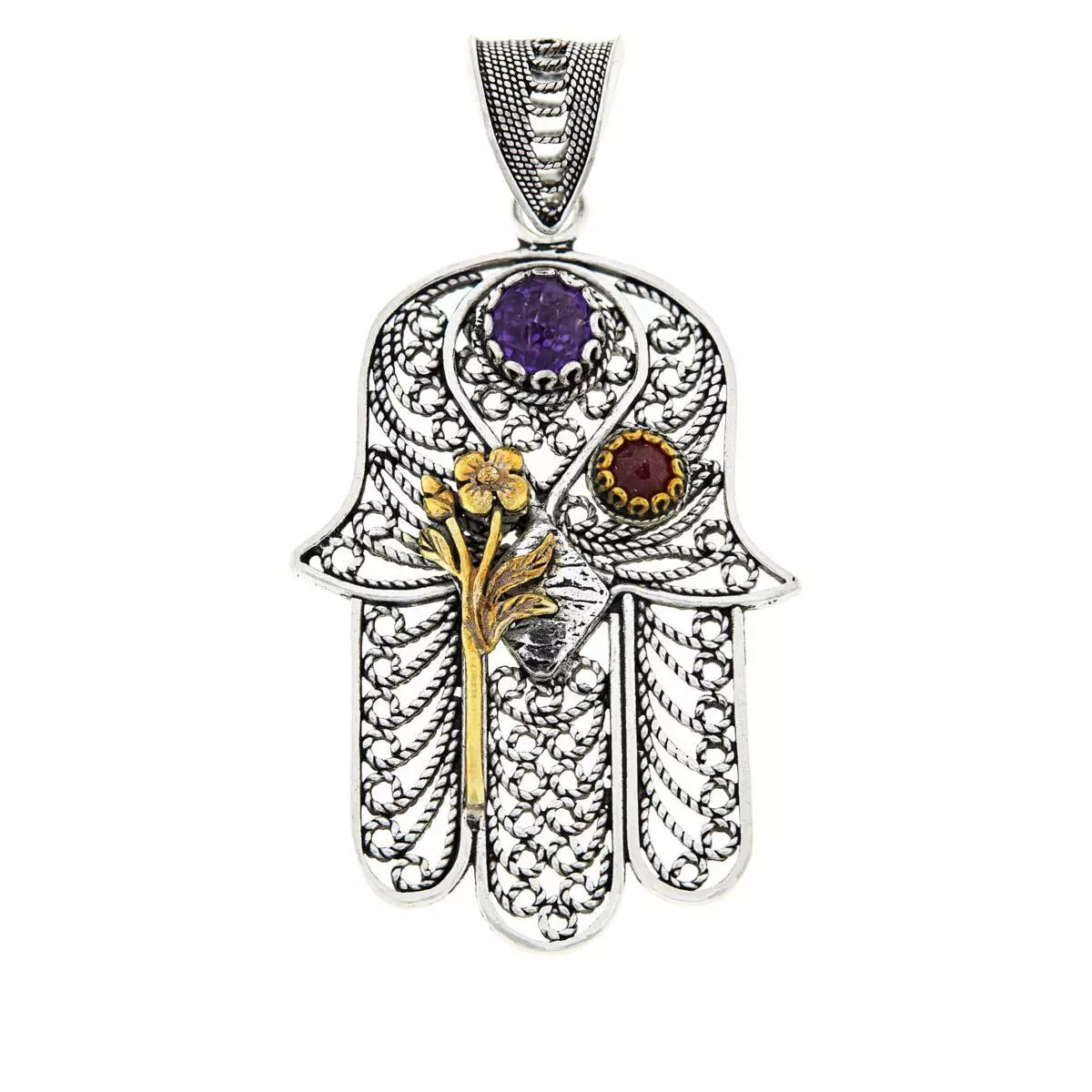 Ottoman Sterling Silver Two-Tone Multi Gemstone Hamsa Pendant - HSN $85