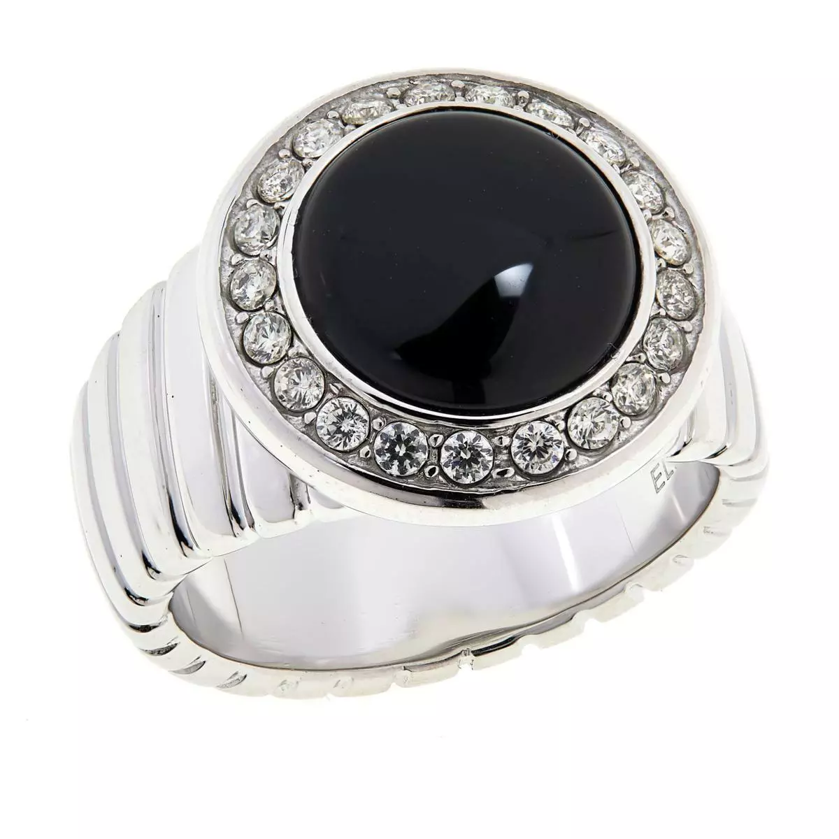 Colleen Lopez Black Onyx Cabochon & White Topaz Halo Silvertone Ring Size 6