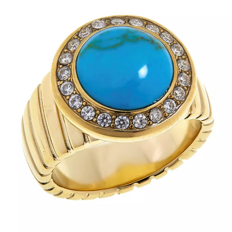 Colleen Lopez Turquoise Cabochon & White Topaz Halo Goldtone Ring Size 6