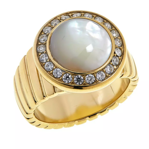 Colleen Lopez White Mother of Pearl Cabochon & White Topaz Ring - Size 7