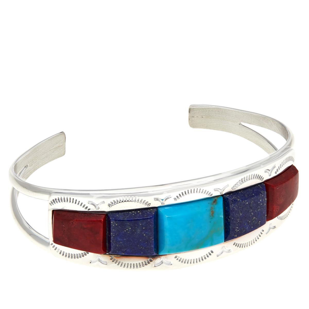 Jay King Turquoise, Lapis & Red Coral Inlay Sterling Silver Cuff Bracelet 6-3/4"