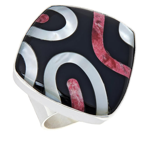 Jay King Multigem Inlay Peal, Onyx & Coral Sterling Silver Cocktail Ring Size 6