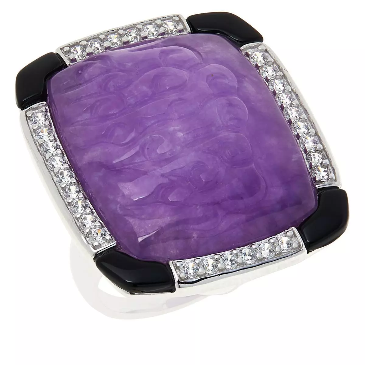 Jade of Yesteryear Carved Purple Jade Sterling Silver Cocktail Ring Size 7