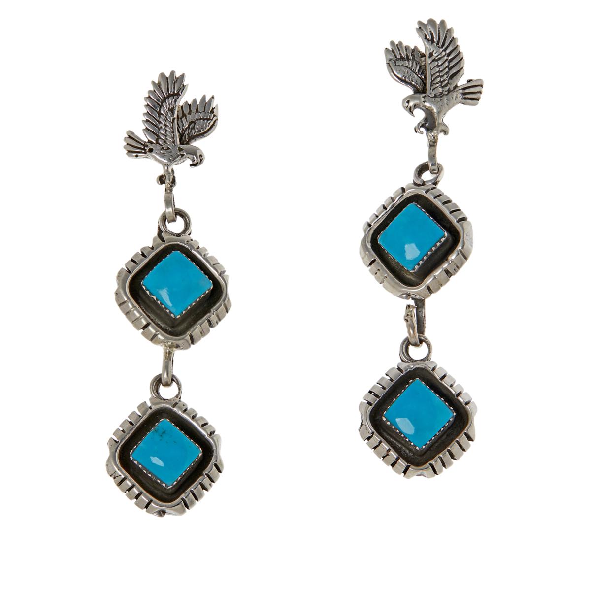 Chaco Canyon Sterling Silver Kingman Turquoise Eagle Drop Earrings 2-1/4"