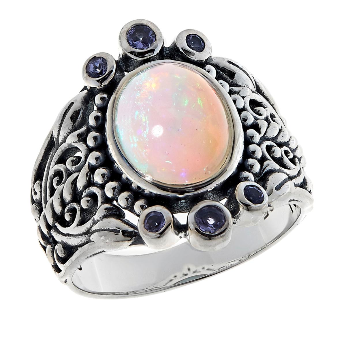 Bali Sterling Silver Ethiopian Opal & Iolite Filigree Design Ring Size 11