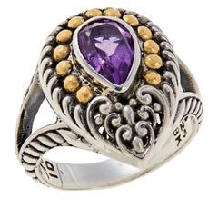 Bali RoManse Sterling Silver & 18k Pear Amethyst Cocktail Ring Size 7