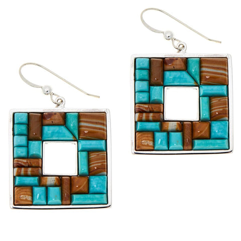 Jay King Blue Turquoise & Agate Mosaic Inlay Sterling Silver Drop Earrings