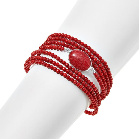 Jay King Red Coral Sterling Silver 7-Strand Layered Magnetic Bracelet 6-3/4"