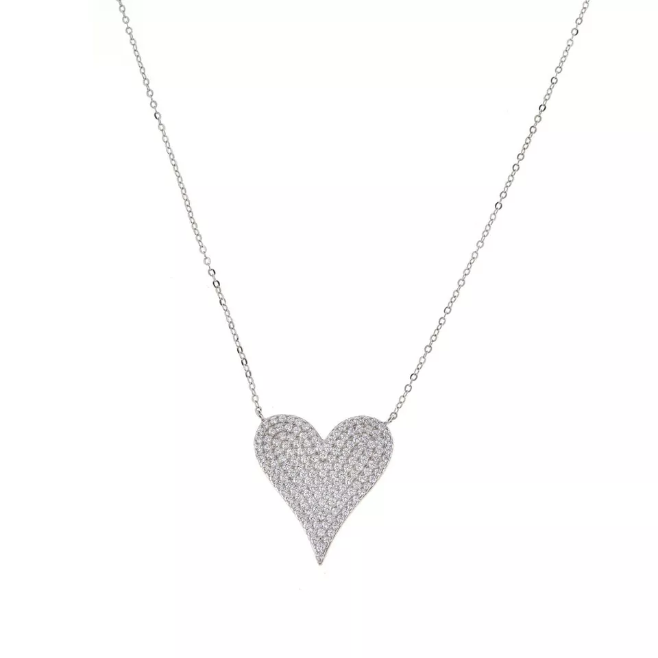 Absolute Sterling Silver Cubic Zirconia PavÃ© Heart Drop Necklace 18"