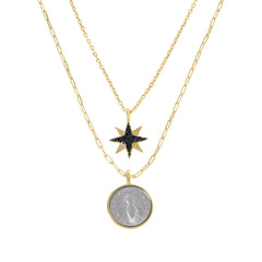 Bellezza Bronze Coin Lire & Spinel Star Layered Necklace, 18" 16"