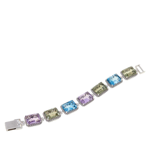 HSN Sterling Silver Emerald-cut Multi-gemstone Station Bracelet. 6-3/4"