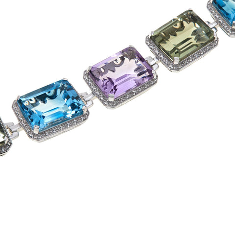 HSN Sterling Silver Emerald-cut Multi-gemstone Station Bracelet. 6-3/4"