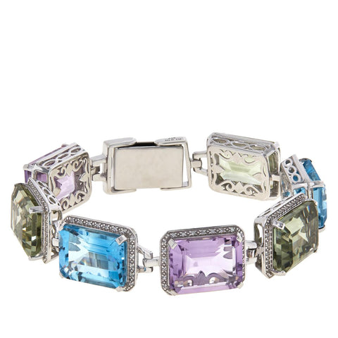 HSN Sterling Silver Emerald-cut Multi-gemstone Station Bracelet. 6-3/4"