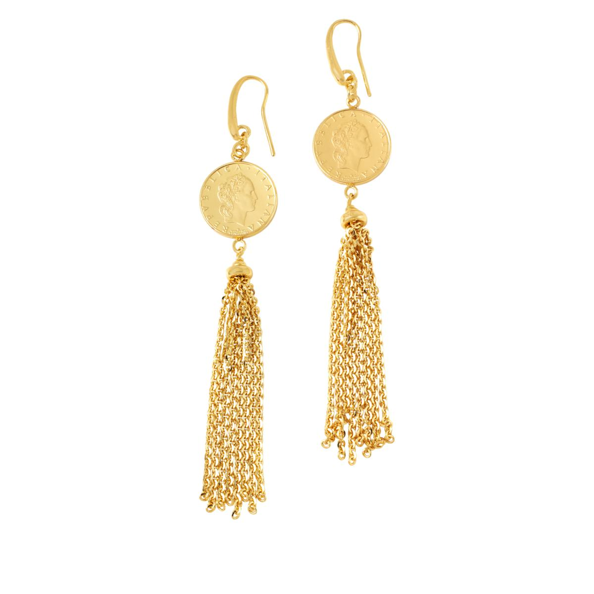 Bellezza 50 Lira Mini Coin Bronze Tassel Earrings, 3-3/4"