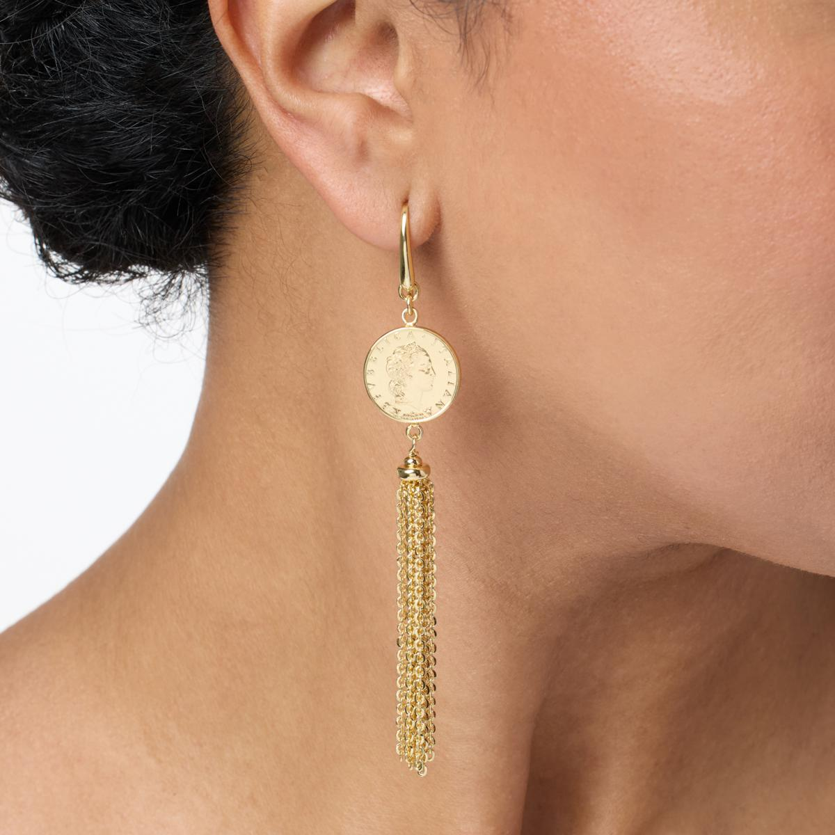 Bellezza 50 Lira Mini Coin Bronze Tassel Earrings, 3-3/4"