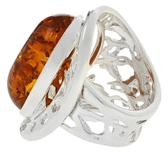 Amber Extraordinaire Sterling Silver Open Work Cocktail Ring Size 6