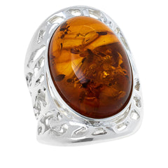 Amber Extraordinaire Sterling Silver Open Work Cocktail Ring Size 6