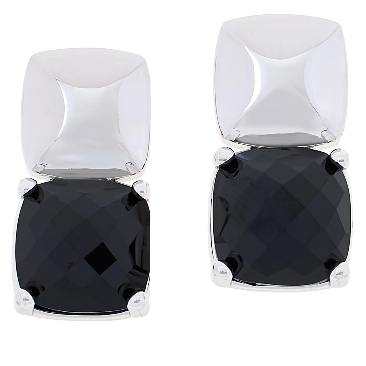 Bellezza Bronze Silvertone Black CZ Pyramid Stud Drop Earrings 1"