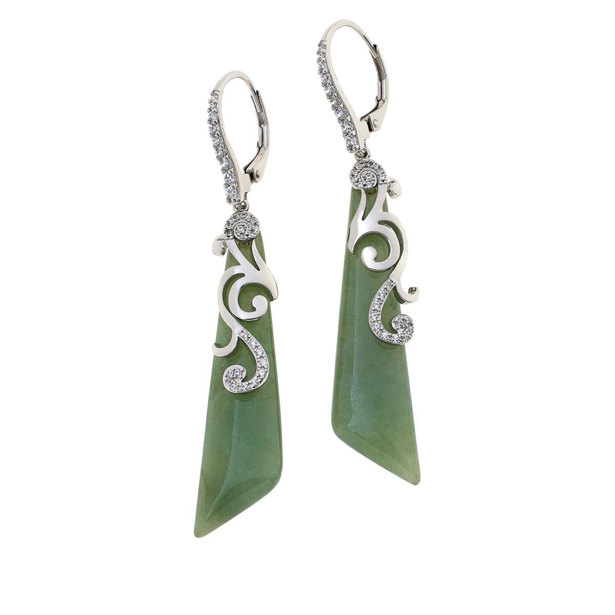 Jade of Yesteryear  Sterling Silver Light Jade & CZ Swirl Drop Earrings, 2-5/16