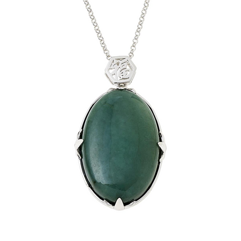 Jade of Yesteryear Sterling Silver Oval Nephrite Jade Pendant Necklace, 18"