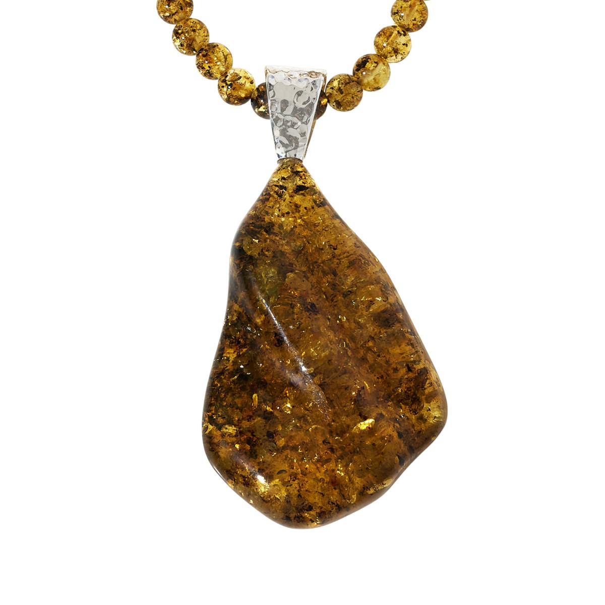 Amber Extraordinaire Freeform Green Amber Pendant with Amber Bead Necklace, 20"