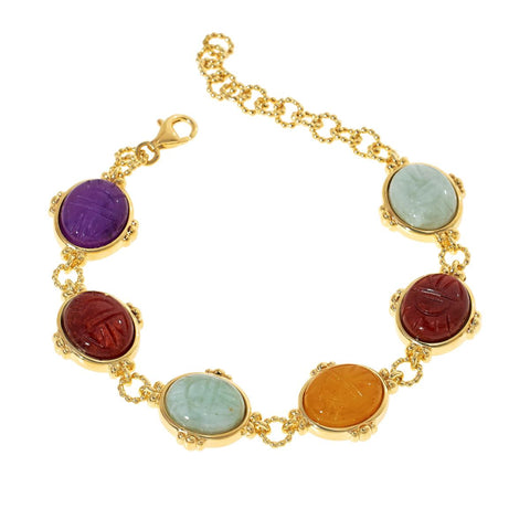 Jade of Yesteryear Sterling Silver Goldclad Multicolor Jade Scarab Bracelet, 6-3/4"+1"