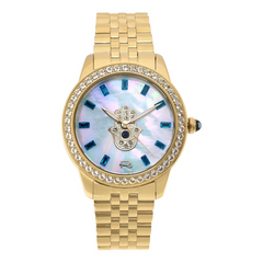 Rarities White Mother-of-Pearl Dial Multi-Gemstone Hamsa Hand Bracelet Watch, 7-1/4"