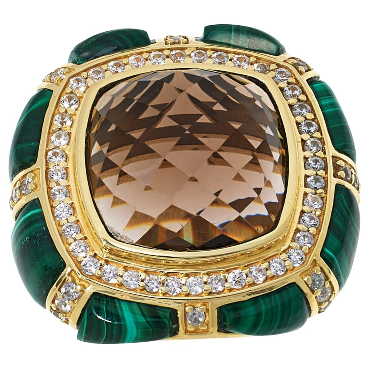 Rarities Sterling Silver Goldclad Smoky Quartz, Malachite and White Zircon Ring, Size 6