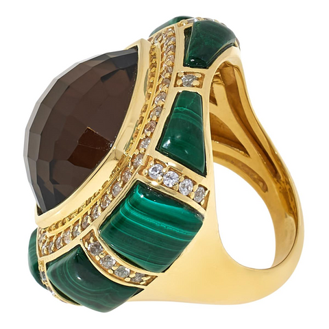 Rarities Sterling Silver Goldclad Smoky Quartz, Malachite and White Zircon Ring, Size 6