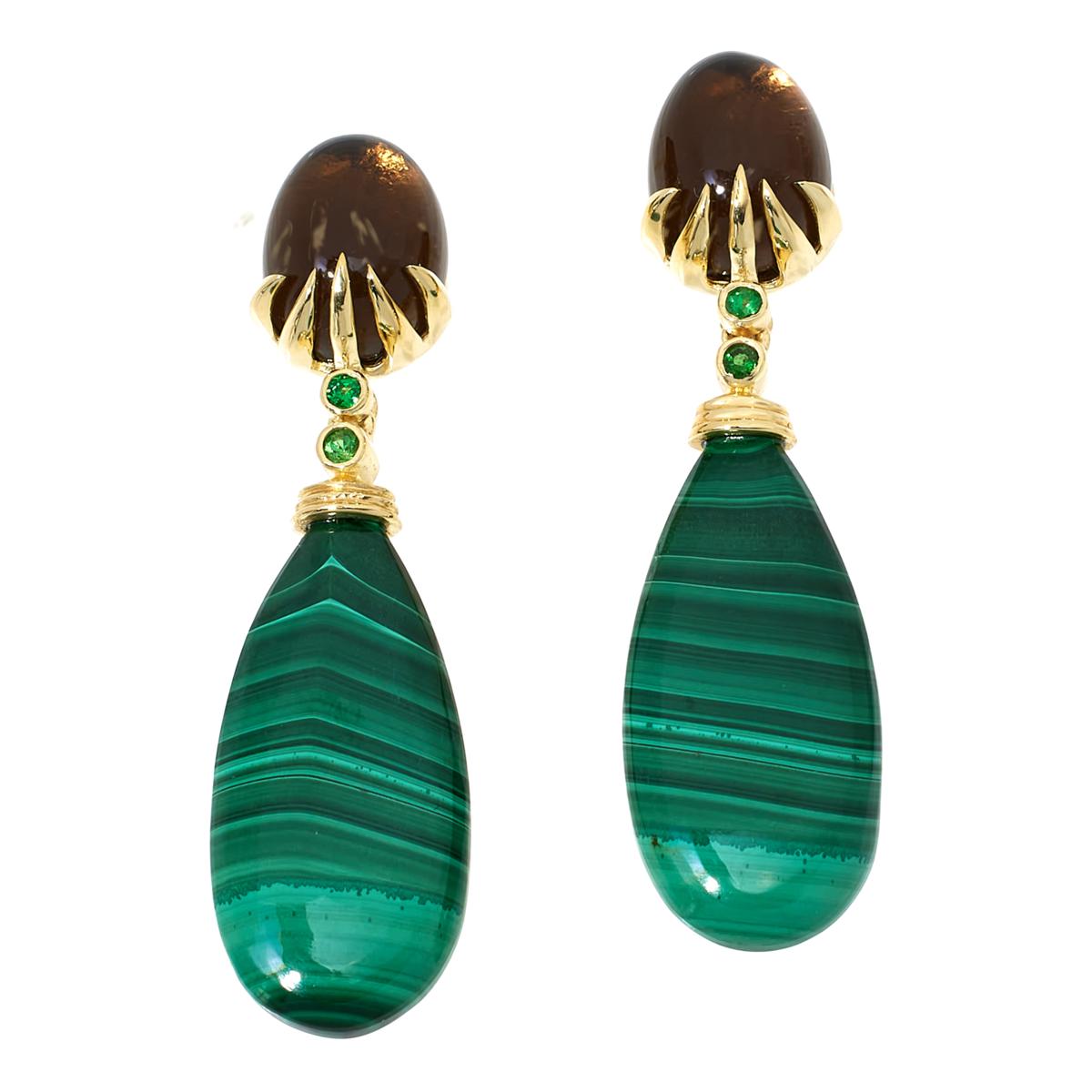 Rarities Sterling Silver Goldclad Smoky Quartz and Malachite Drop Earrings, 2-1/4"